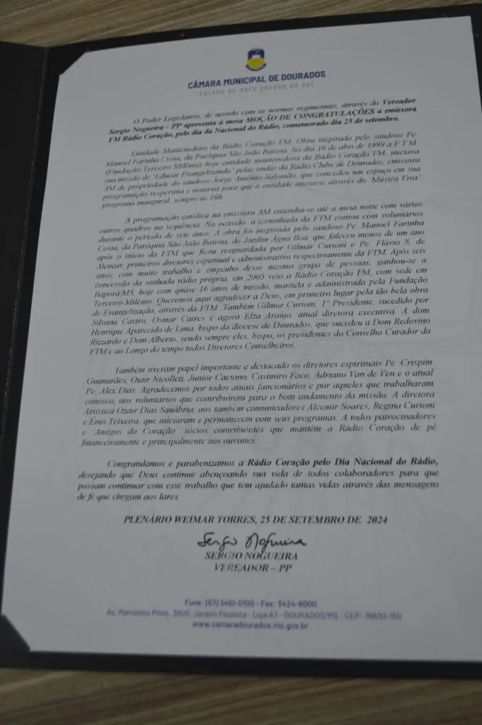 Rádio Coração recebe 'Moção de Congratulações' da Câmara de Dourados Rádio Coração recebe 'Moção de Congratulações' da Câmara de Dourados
