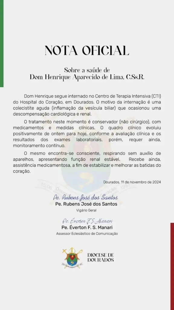 Nota Oficial sobre a saúde de Dom Henrique Aparecido de Lima